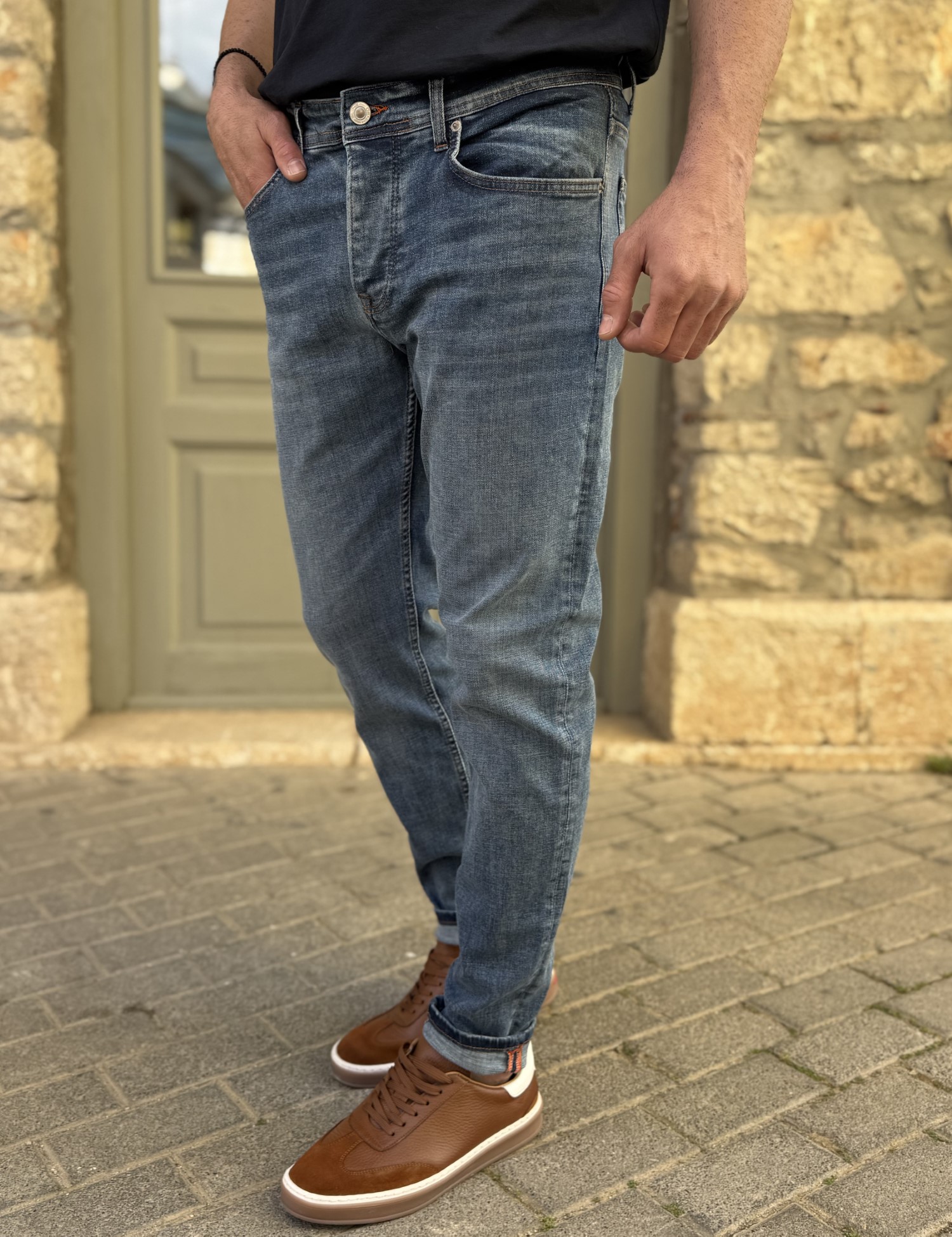 Ανδρικό Slim μπλε τζιν παντελόνι πεντάτσεπο με κουμπιά 3LN502 φωτογραφία